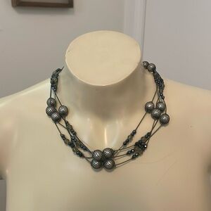 Grey Mesh Wrapped Pearl Layered Necklace